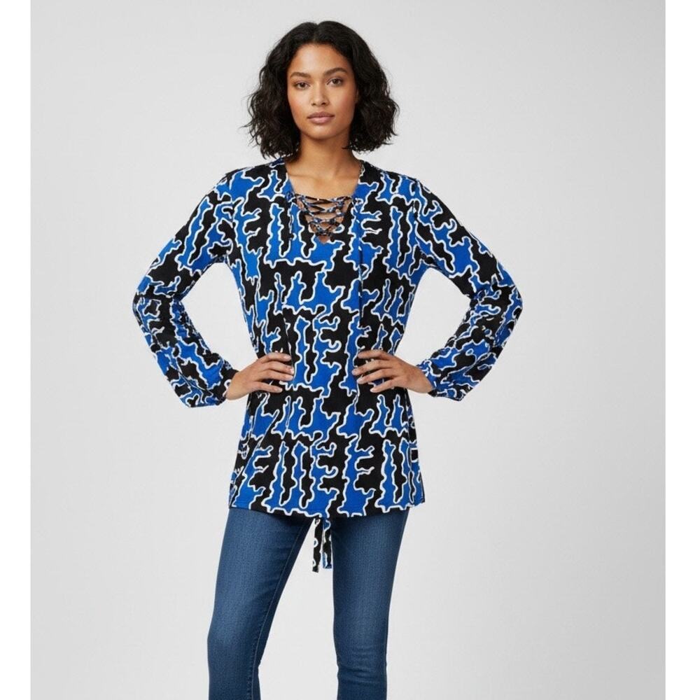 MICHAEL Michael Kors Sz L Cobalt Blue Black geometric belted tunic blouse | EUC